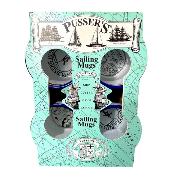Vintage British Navy Pusser’s Rum Sailing Mugs Enamel Tin 4 Set New in Box Rare